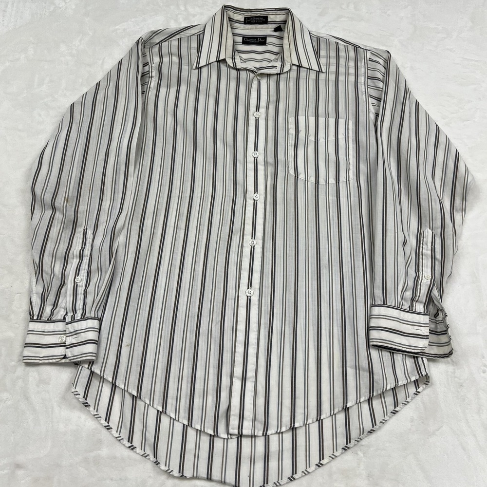 Christian Dior Button Down Shirt Mens 15.5 34 White Striped La Chemise Vintage